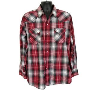Ely Cattleman Mens sz XL Pearl Snap Casual Shirt Red Plaid Long Sleeve Pockets